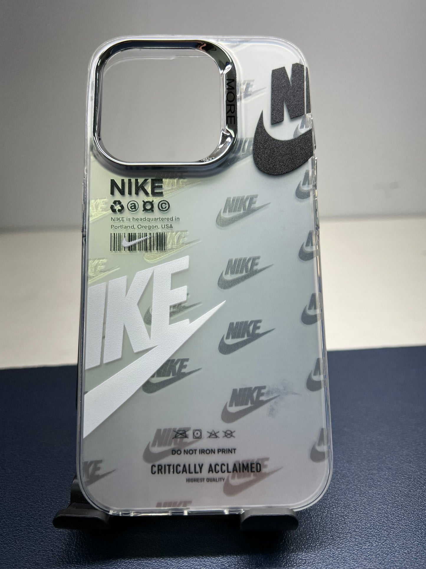 Silver Nike iPhone case for 12 thru 15 Pro Max